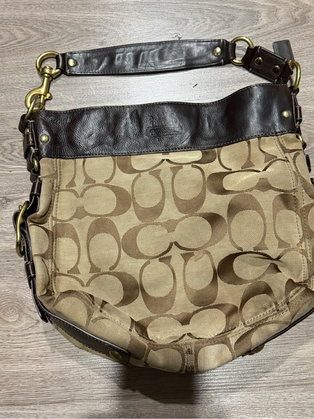 Coach Tan Khaki Signature Canvas Shoulder Bag with Brown Leather Trim